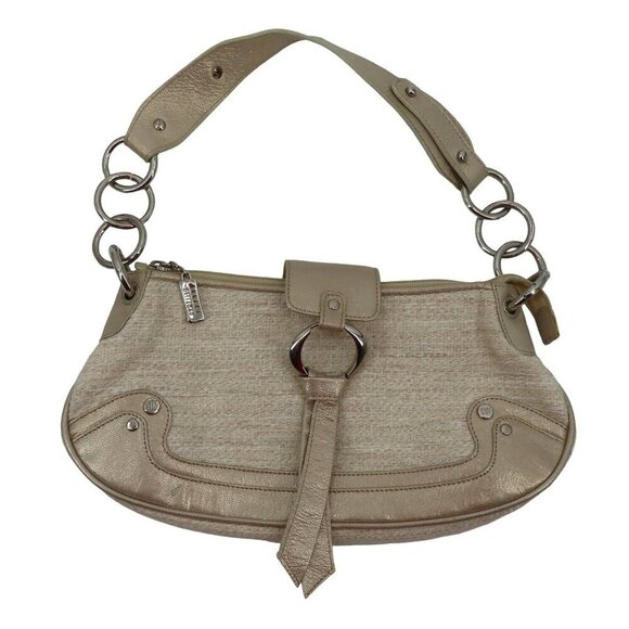 Stuart Weitzman Y2K Beige Tweed Metallic Baguette Shoulder Bag Handbag Purse